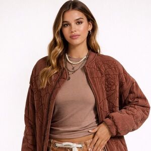 $385 FREE PEOPLE Rose Brown Quilted Sweatshirt Cinammon Bomber Jacket S and L
